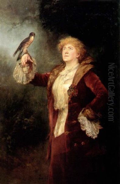 A Portrait Of The Actress Ellen Terry Standing With A Hawk On Her Raised Arm Oil Painting by John Collier