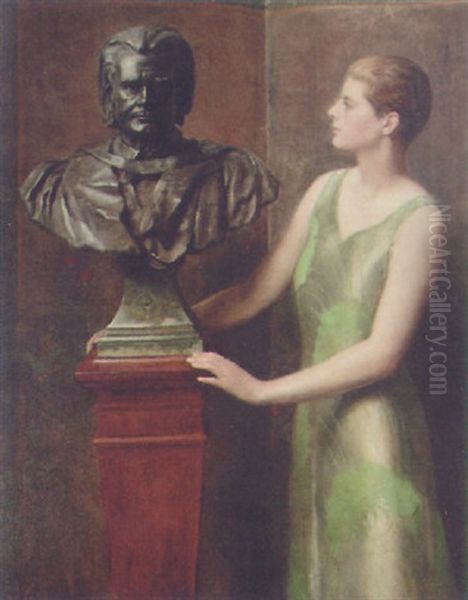 Portrait Of A Lady In A Green Dress By A Bronze Bust Of A Scholar Oil Painting by John Collier