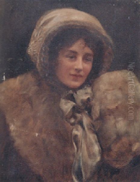 Portrait Of Mrs H. Marillier In White Fur Coat And Ribbon-tied Bonnet Oil Painting by John Collier