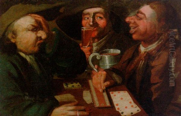 Three Men Drinking And Playing Cribbage Oil Painting by John (Tim Bobbin) Collier