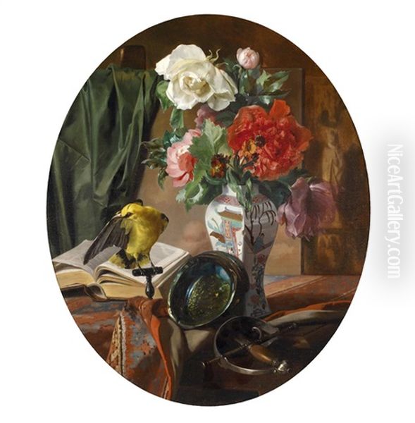 Stillleben Mit Blumen In Einer Chinesischen Vase, Vogel Und Ziergegenstanden Oil Painting by Edmond Collignon