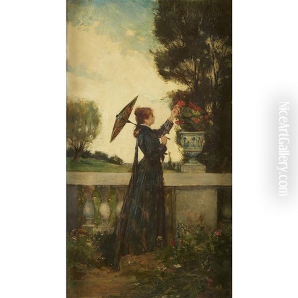 Lady With Parasol Picking Flowers Oil Painting by Louis Joseph Raphael Collin