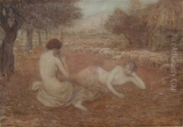 Mythological Scene With Two Draped Nudes In A Landscape With Sheep Oil Painting by Louis Joseph Raphael Collin