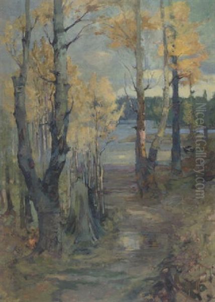 Autmn Birch Trees On The Lake Oil Painting by Charles John Collings