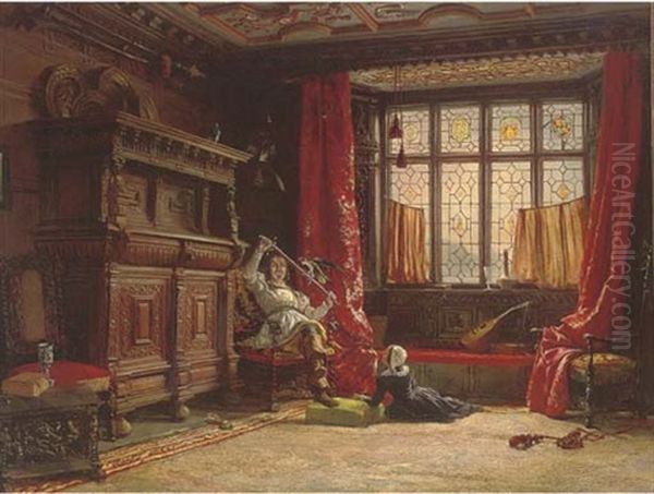 A Cavalier In A Darkened Interior, A Bird On His Sword Oil Painting by William Collingwood