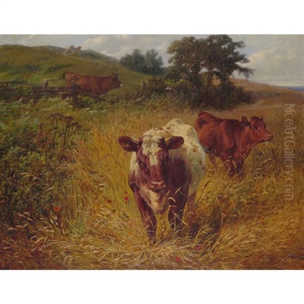 Cattle In A Cornfield Oil Painting by Charles Collins II