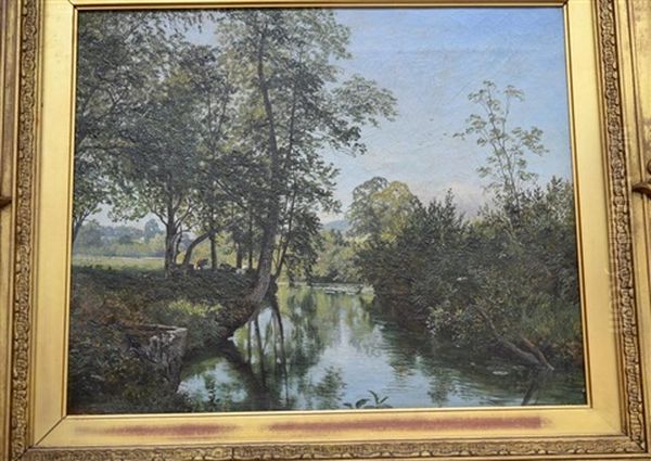 Summer River Landscape With Cattle And Sheep In A Meadow Oil Painting by Charles Collins II