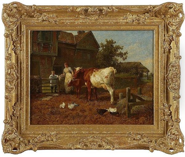 Farmyard Scene, With Woman And Boy Watching A Cow And Calf With Doves And Hens Oil Painting by Charles Collins II