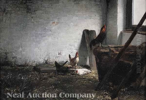 Roosters In A Barn Oil Painting by Charles Collins II