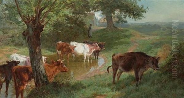 Cattle Watering Oil Painting by Charles Collins II