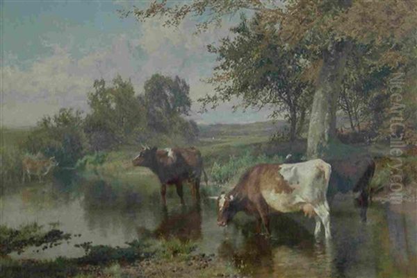 Cattle Watering Oil Painting by Charles Collins II