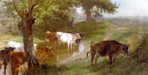 Cattle Watering In A Landscape by Charles Collins II