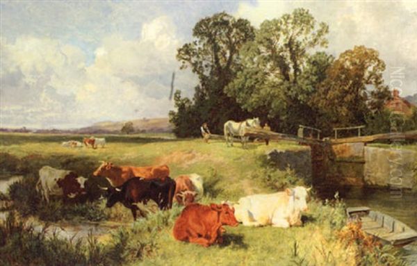 Cattle By A Lock Oil Painting by Charles Collins II