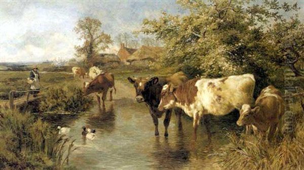 Cattle In A Stream Oil Painting by Charles Collins II