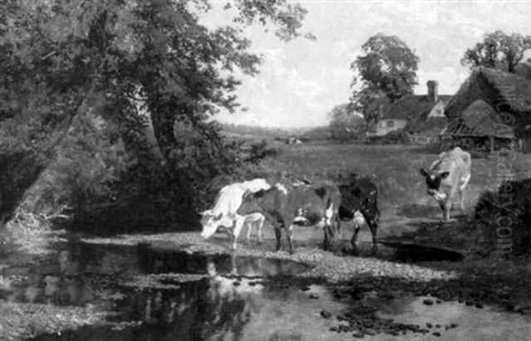 Cows Watering Oil Painting by Charles Collins II