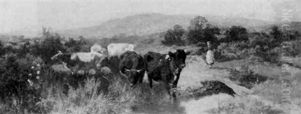 Cattle Watering Oil Painting by Charles Collins II