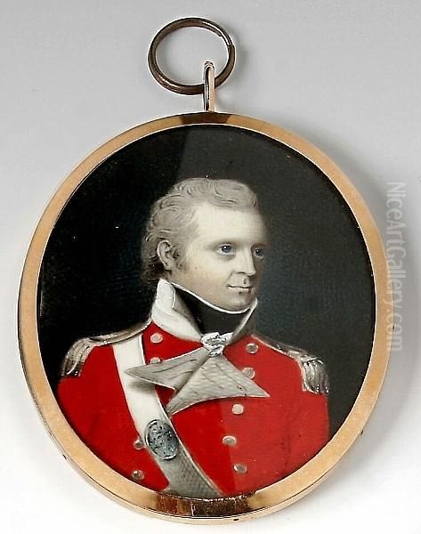 A Portrait Miniature Of An Army Officer, Wearing Red Jacket With Sash A Medallion On The Sash Carries The Initials Ljf(?), The Enamelled Reverse Carries The Monogram Wr In Gilt Metal, With A Twist Of The Sitter's Hair Oil Painting by Samuel Andrews