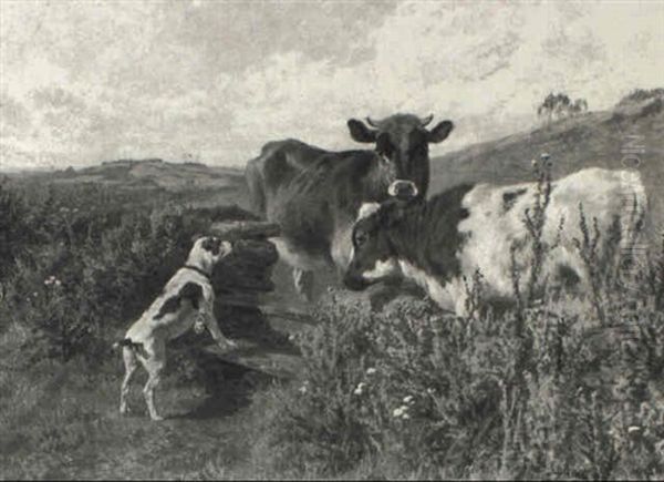 Landscape With Cattle And A Terrier Oil Painting by Charles Collins II