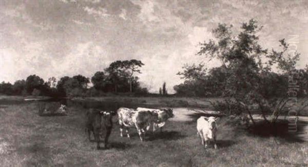 River Landscape With Cows Oil Painting by Charles Collins II