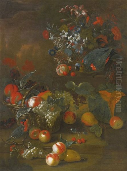 Still Life With Two Parrots, A Basket Of Flowers, A Basket Of Peaches And Grapes, A Pear And Cantaloupe In Front Oil Painting by Charles Collins