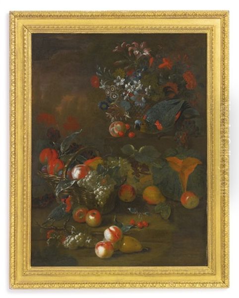 Still Life With Two Parrots, A Basket Of Flowers, A Basket Of Peaches And Grapes, A Pear And Cantaloupe In Front Oil Painting by Charles Collins