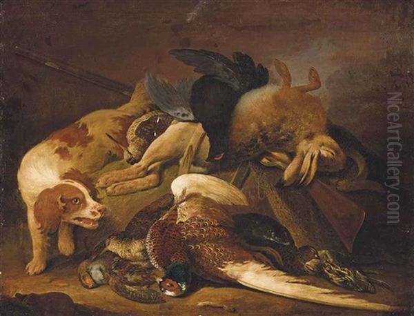 Dead Game With A Hare, Pheasants And Grouse With A Spaniel, In A Landscape Oil Painting by Charles Collins