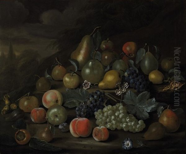 Still Life Of Pears, Peaches, Apples, Plums, Grapes, Hazelnuts, And Flowers On A Bank Oil Painting by Charles Collins