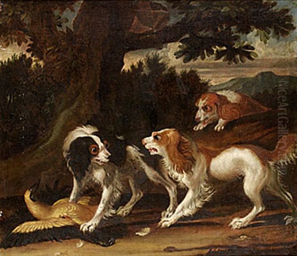 King Charles Spaniel I Slagsmal Over En Fagel Oil Painting by Charles Collins