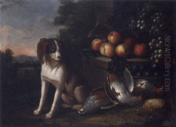 Grapes In A Basket Upon A Stone Ledge With Dead Game And A Spaniel, A Landscape Beyond Oil Painting by Charles Collins