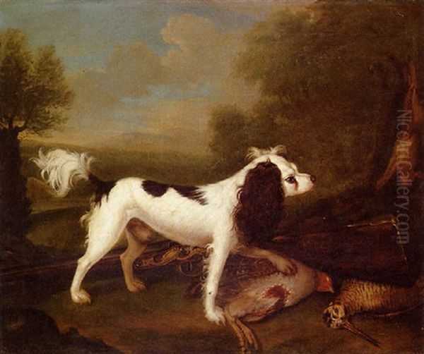 A King Charles Spaniel With Dead Game And A Gun, In A Wooded Landscape Oil Painting by Charles Collins