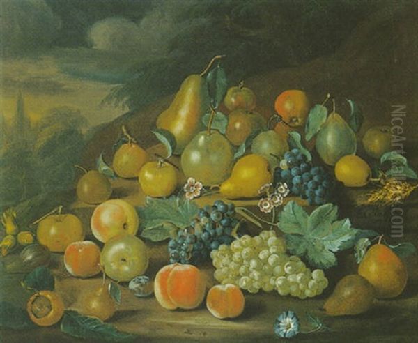 A Still Life Of Pears, Peaches And Grapes Oil Painting by Charles Collins