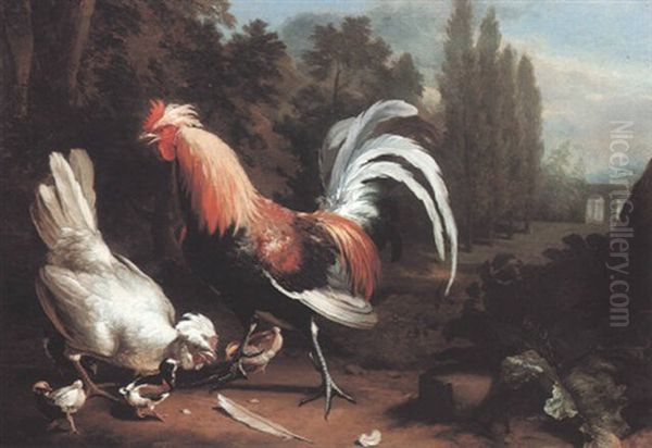 Silver Houdon Hen With Chicks And Cockerel In A Landscape Oil Painting by Charles Collins