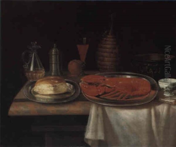 Still Life With A Lobster And Bread On Salvers... Oil Painting by Charles Collins