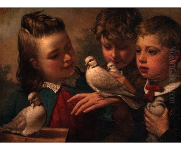 Three Young Children With Doves Oil Painting by Hugh Collins