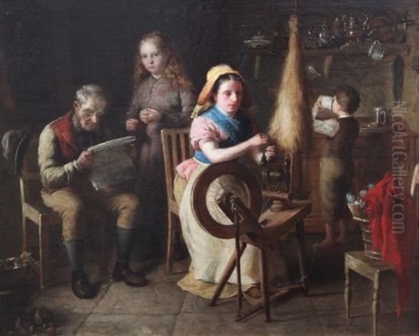 Cottage Interior With Woman Spinning Oil Painting by Hugh Collins