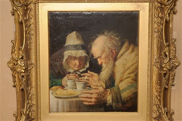 An Elderly Couple Seated At A Table Saying Grace Oil Painting by Hugh Collins