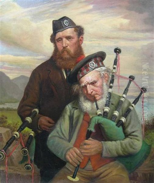 Two Pipers (pipe Major William Ross And His Son?) Oil Painting by Hugh Collins