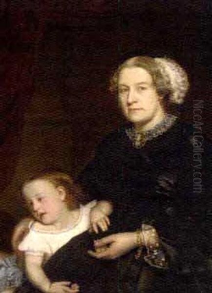 Portrait Of Mother And Child Seated, The Mother In A Black Dress With Lace Trimming, Her Daughter By Her Side Oil Painting by Hugh Collins