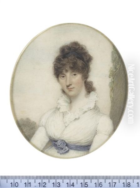 A Lady, Seated Before A Landscape Vista, Wearing White Dress With Frilled Neckline And Blue Sash Tied At Her Waist, Her Brown Hair Partially Upswept And Secured With A Black Bandeau Oil Painting by Richard Collins