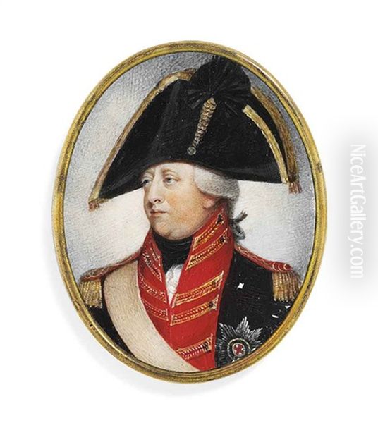 King George Iii, In Blue And Red General's Uniform (the Blues) With Gold Epaulettes, Black Stock, Buff-colored Sword-belt, Black Cocked Hat Edged With Gold Oil Painting by Richard Collins