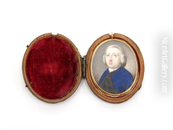 A Portrait Miniature Of Mr Chiseldon, Wearing Blue Coat, Black Waistcoat, White Chemise, Stock And Cravat, Powdered Physical Wig Oil Painting by Samuel Collins