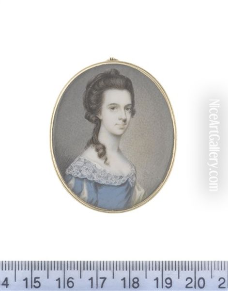 Frances Eyre Nee Foyle, Wearing Blue Dress With Sleeves Slashed To Reveal White And Embroidered Collar, Her Brown Hair Partially Upswept And Falling Over Her Right Shoulder Oil Painting by Samuel Collins