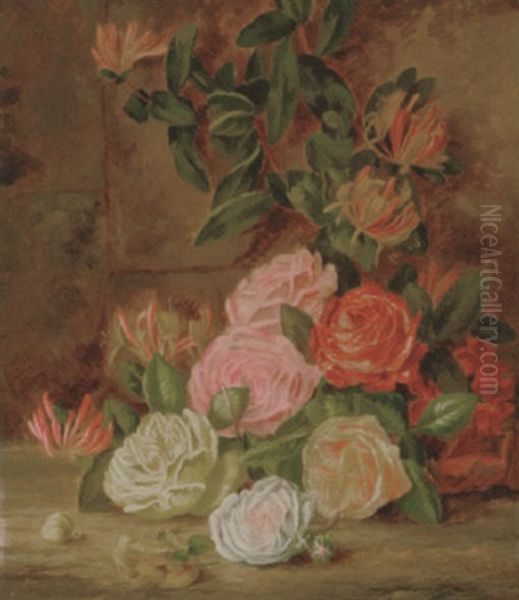 Roses And Honeysuckle On A Wall Oil Painting by Thomas Collins