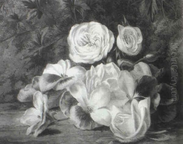 Roses And Other Flowers On A Mossy Bank Oil Painting by Thomas Collins