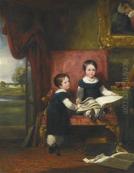 Lord Charles (1813-1894) And Lord Thomas (1813-1882) Pelham Clinton, Twin Sons Of The 4th Duke Of Newcastle-under-lyne, Leafing Through Books In An Interior by William Collins