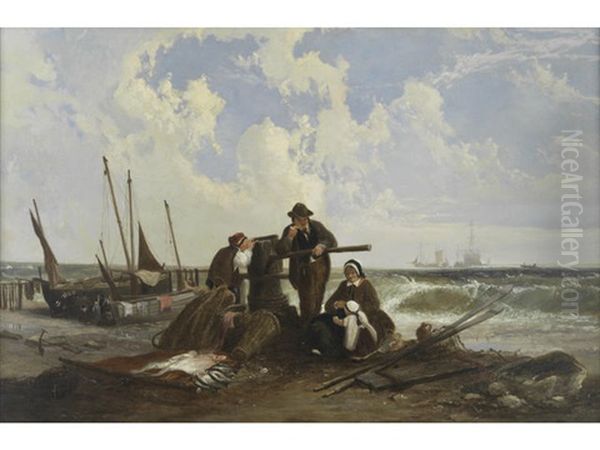 Fisherfolk On The Shore Oil Painting by William Collins