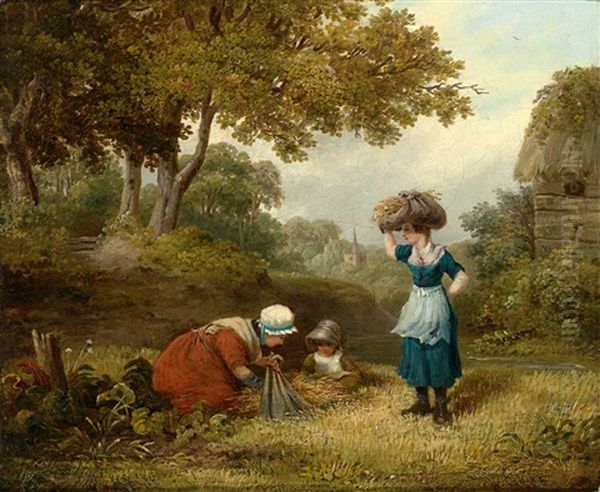 Familie Bei Der Nachlese Auf Einem Weizenfeld Vor Englischer Landschaft Mit Kirchdorf Oil Painting by William Collins