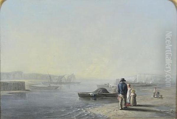 Figures On The Shore, Wth Laden Rowing Boats And Distant Sailing Vessels Oil Painting by William Collins