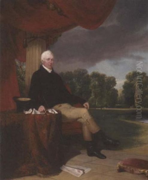 Portrait Of James Campbell Of Hampton Court House, In A Black Jacket And Cream Breeches Oil Painting by William Collins