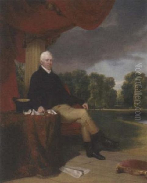 Portrait Of James Campbell Of Hampton Court House In A Black Jacket And Cream Breeches Oil Painting by William Collins